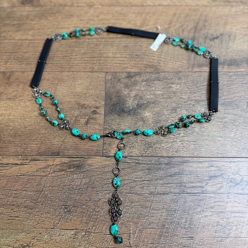 Turquoise Stone Black Leather Chain Belt Rhinestone Drop Size M/L